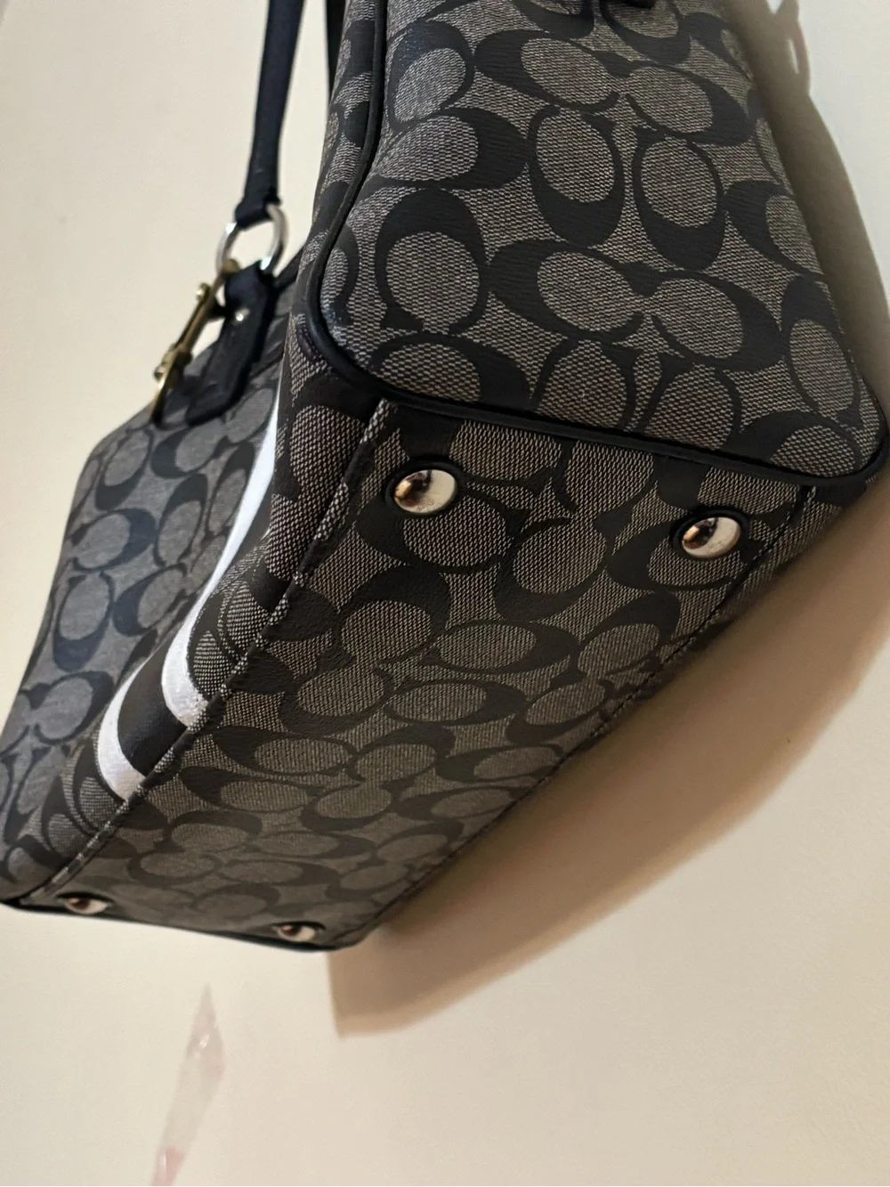 Coach Black & Gray Signature Stripe Satchel with White Accents